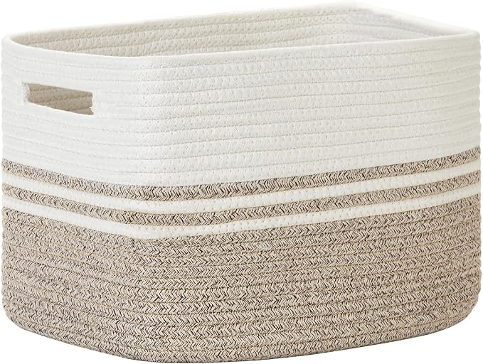 Temary Woven Storage Baskets, Set of 3 Rope Baskets for Storage Clothes, Towels, Versatile Boho Storage Bins (White&Brown, 13"x9.8"x8.5")