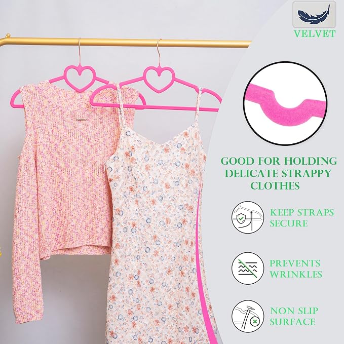 Velvet Hangers 20 Pack,16 Inch Non Slip Adult Heart Hanger(Hot Pink) | 360° Swivel Hooks, Cascade Design, Space Saving