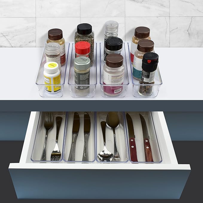 Acrimet Drawer Organizer Modular, Box Tray Storage Bins for Office, Home, Makeup, Kitchen, Junk Drawer ( 4 Pieces) (Clear Crystal Plastic)