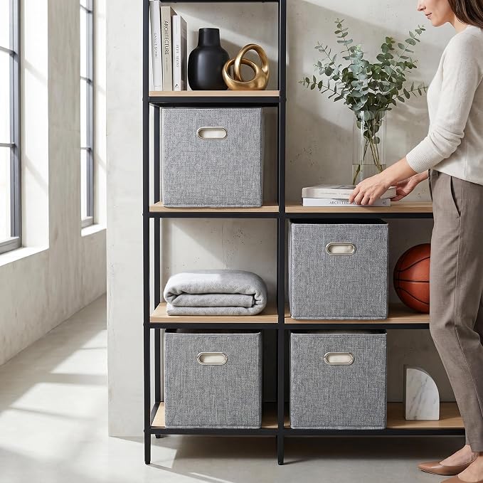 12x12 Gray Fabric Storage Cubes, 4 Pack – Foldable Linen-Look Cube Organizer Bins with Handles, Collapsible Cubby Baskets for Closet, Shelves, Nursery, Dorm Room & Kallax-Style Storage