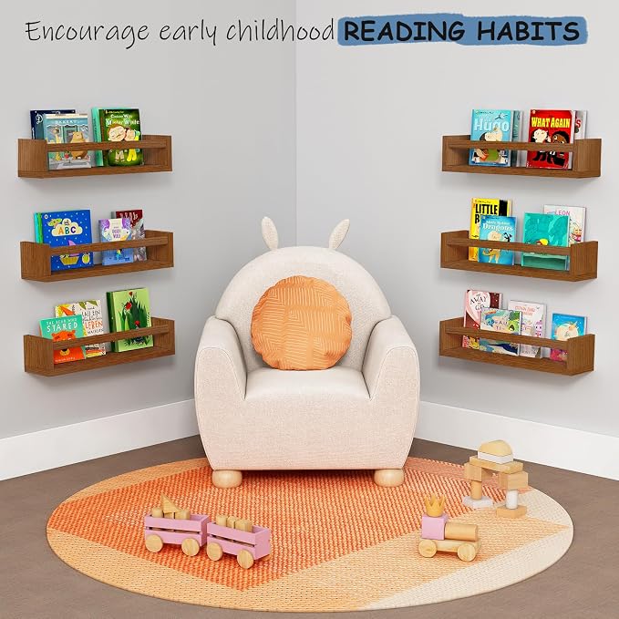 Harwaya Walnut Brown Nursery Book Shelves Wall Mounted, Wooden Floating Bookshelf for Kids Room Bedroom, Dark Wood Nursery Bookshelves for Kitchen Classroom Playroom (Solid Pine, 3-Pack)