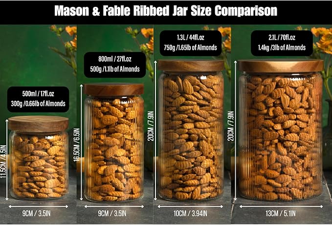 Ribbed Glass Jar with Wooden Lid 16.9oz / 27oz | Airtight Fluted Storage Container for Food, Pasta, Coffee, Candy, Dog Treats, Snacks | Canisters for Home & Kitchen (44 fl.oz / 1300ml -3X)