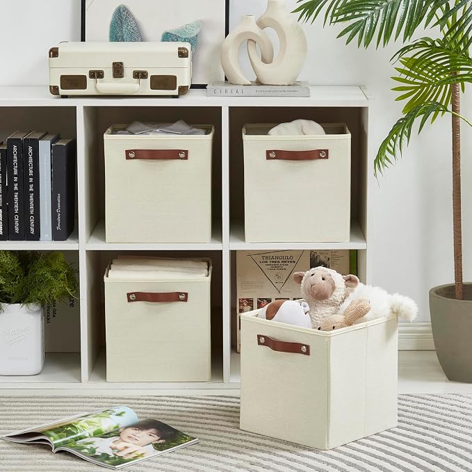 Bagnizer Collapsible Fabric Storage Cube Bins with 2 Reinforced PU Handles, Foldable Storage Organizer Baskets for Closet, Shelves, Living Room | 11"x11"x11", 4 Pack, Full Beige