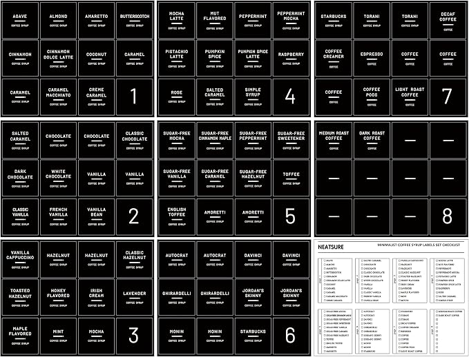 Neatsure 89 Coffee Syrup Labels for Coffee Bar Accessories, Minimalist Preprinted Coffee Stickers for Coffee Station, Essentials for Syrup Bottle & Dispenser Organization
