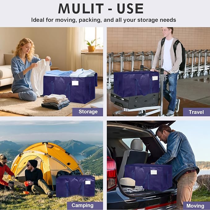 8 Pack-Extra Large Heavy Duty Moving Bags - Waterproof Storage Totes with Handles & Zippers, Foldable for College Dorm, Storage (Dark Blue)