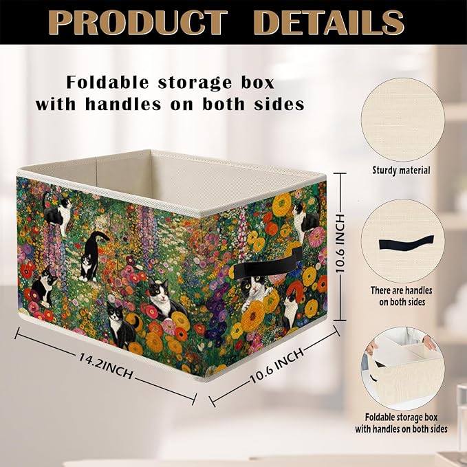 Gustav Klimt Inspired Tuxedo Cat Storage Bin Box with Handles, Colorful Floral Black and White Cat Foldable Organizer Basket Toybox for Home Bedroom Bathroom Clothes Toys Books