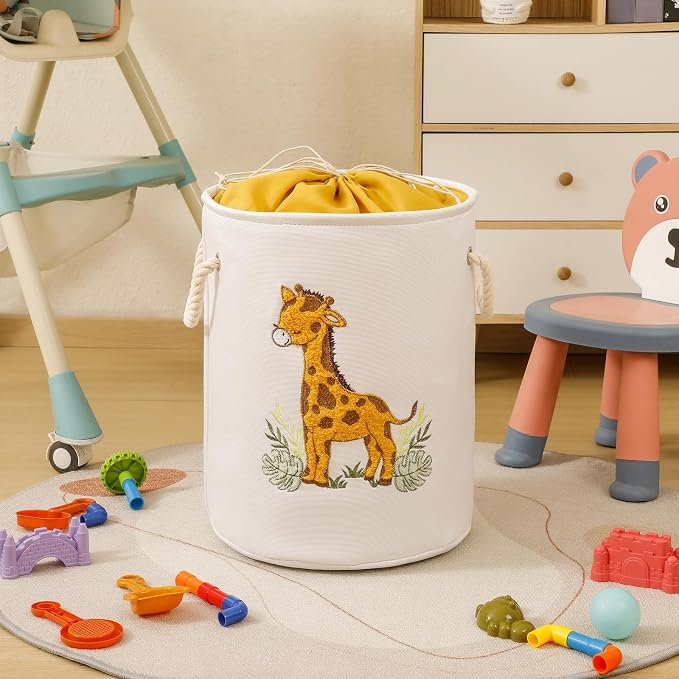 Kids Laundry Basket Baby Hamper for Nursery, Canvas Dirty Clothes Hampers with Drawstring Closure, Jungle Theme Baby Basket, Animal Baskets for Toys Laundry Hamper, Safari Nursery Decor, Giraffe