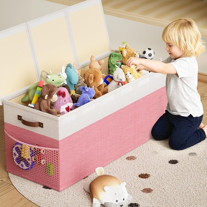 Dayacoco Extra Large Toy Box Chest with Lids, Collapsible Sturdy Kids Toy Storage Organizer Boxes for Boys Girls, Collapsible Sturdy Toys Chest Storage Organizer Bin Basket, Pink