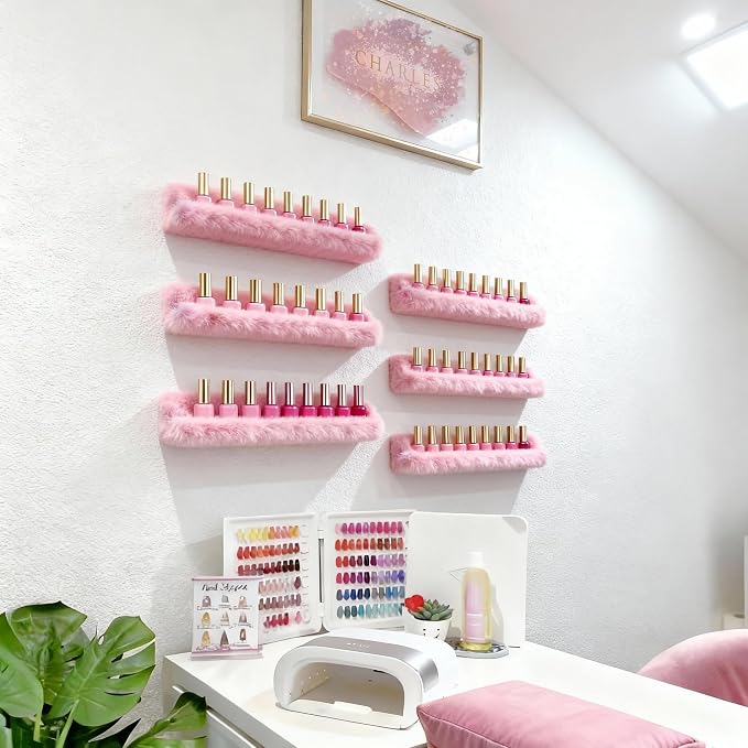 YMVV Nail Polish Wall Shelf - 15-Inch Furry Plush Display & Organizer Rack, Holds 60+ Polishes, Soft Ledge for Bedroom, Bathroom, Salon - Protects Bottles from Scratches,6 Pack Pink