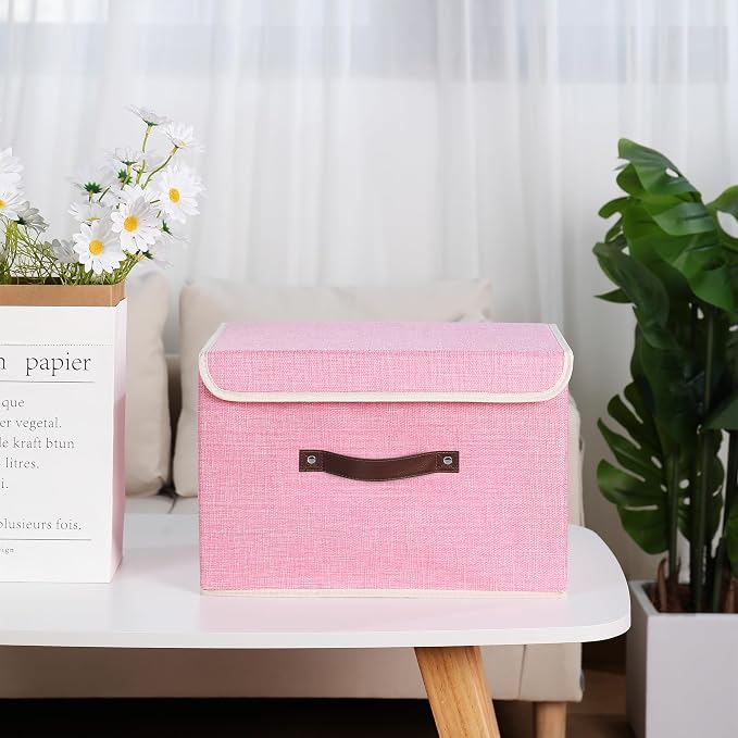 ANMINY 2PCS Storage Bin with Lid Storage Boxes with PU Leather Handles PP Plastic Board Decorative Foldable Lidded Cotton Linen Fabric Home Cubes Baskets Closet Organizer Container - Pink, Medium