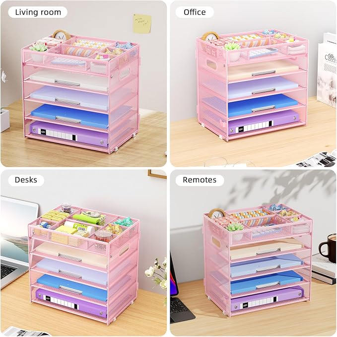 Marbrasse 5 Tier Paper Organizer Letter Tray, Mesh Desk File Organizer with Handle, Paper Sorter Desk Organizer for Home Office Supplies - Pink, Adjustable