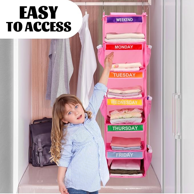 6-Shelf Weekly Clothes Organizer for Kids, Hanging Daily Closet Organization with 6 Side Pockets, Days of The Week Clothing Divider Storage for Boys and Girls (Pink)
