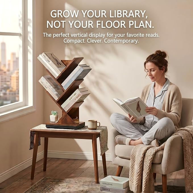 ruboka 5 Tier Tree Bookshelf, Small Bookcase 11.8"*7.4"*24" (Rustic Brown) | Retro Narrow Bookshelves for CDs/Magazines, Book Shelf for Bedroom, Living Room, Office, Balcony, Study Room