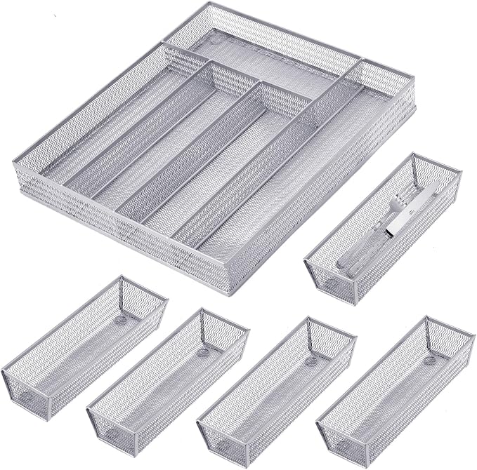 Neudeco Drawer Organizer Set, Silver Mesh, 6 Pack | 5-Compartment Silverware Tray, 5 Utensil Trays, Non-Slip, For Flatware, Cutlery, Office Supplies