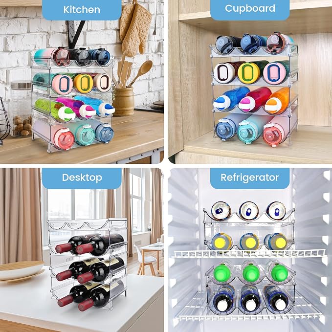 spospo Water Bottle Organizer for Cabinet, 4 Pack Water Bottle Organization and Storage Shelf, Plastic Water Bottle Holder Rack for Fridge, Kitchen, Desktop