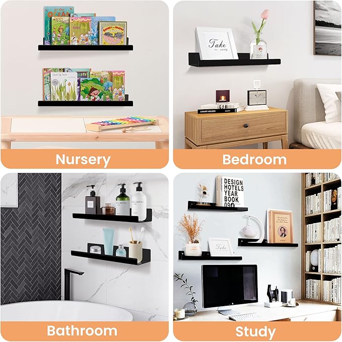 upsimples 4 Pcs 15" Acrylic Shelves for Wall Organize and Display, Black | Cute Floating Shelf for Perfume, Skincare, Nail Polish, Wall Organizer for Bedroom, Living Room, Playroom, Room Décor