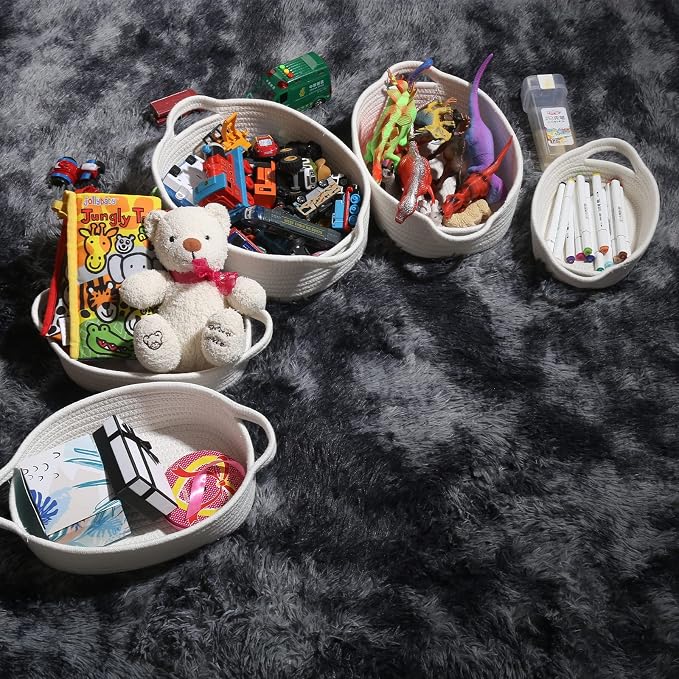VOOWO Set of 5 Rectangular Cotton Rope Baskets for Storage, Organizing, Decorating, Off White