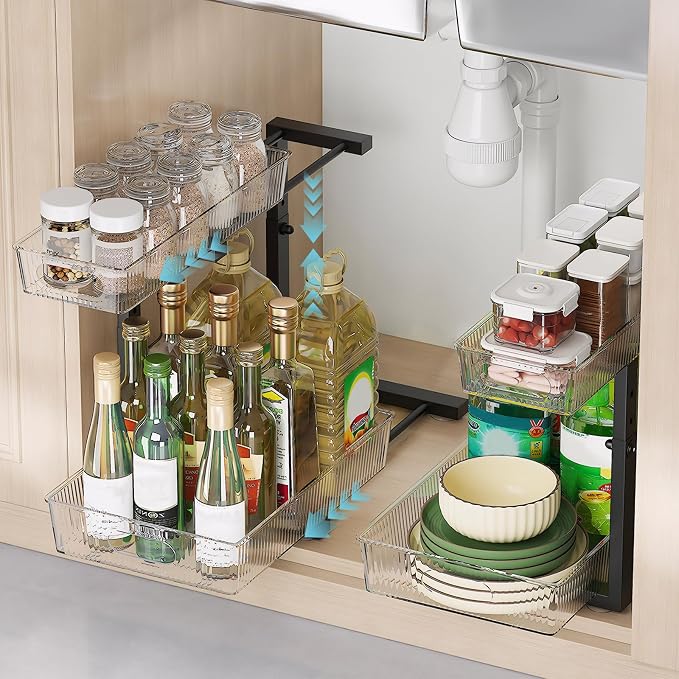 ETOYA 2 Pack Under Sink Organizer Kitchen, 2-Tier Pull Out Cabinet Organizer, L-Shaped Adjustable Height, Acrylic Under Sink Storage Shelf for Kitchen, Bathroom Vanity & Utility Closet