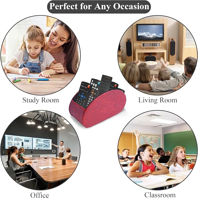 Remote Control Holder, PU Leather Remote Caddy Desktop Organizer with 5 Spacious Compartments for TV Remotes/Media Controllers/Office Supplies (1-Carved Red