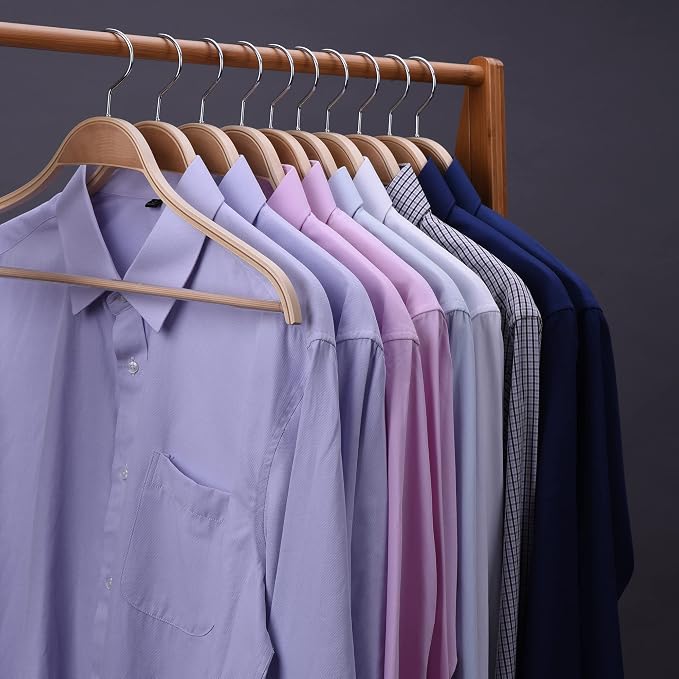 JS Hanger Wooden Coat Hangers, 10 Pack Light Weight Wood Coat/Suit Hangers with Non-Slip Pant Bar, Natural Finish