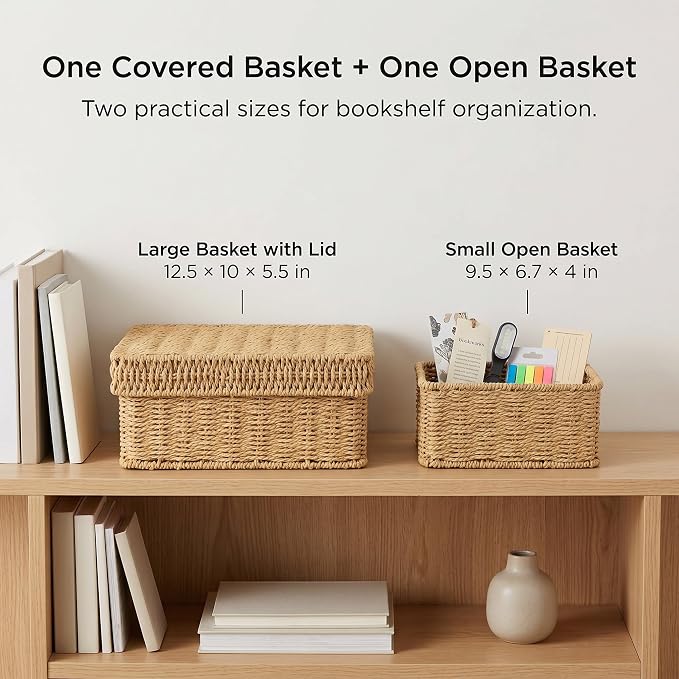 Wicker Storage Basket with Lid - Woven Basket for Storage,Rectangular Decorative Boxes Bins with Lids for Shelves,living room, Nursery, 2 baskets+1 lid(Natural)