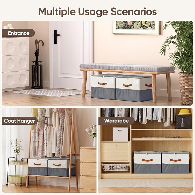 Shoe Organizer for Closet, 2 Pack Shoe Storage Containers with Adjustable Dividers, Space Saving Shoe Box Organizers Bins with Clear Lids & 4 Handles, Fits 16-32 Pairs, Beige & Grey
