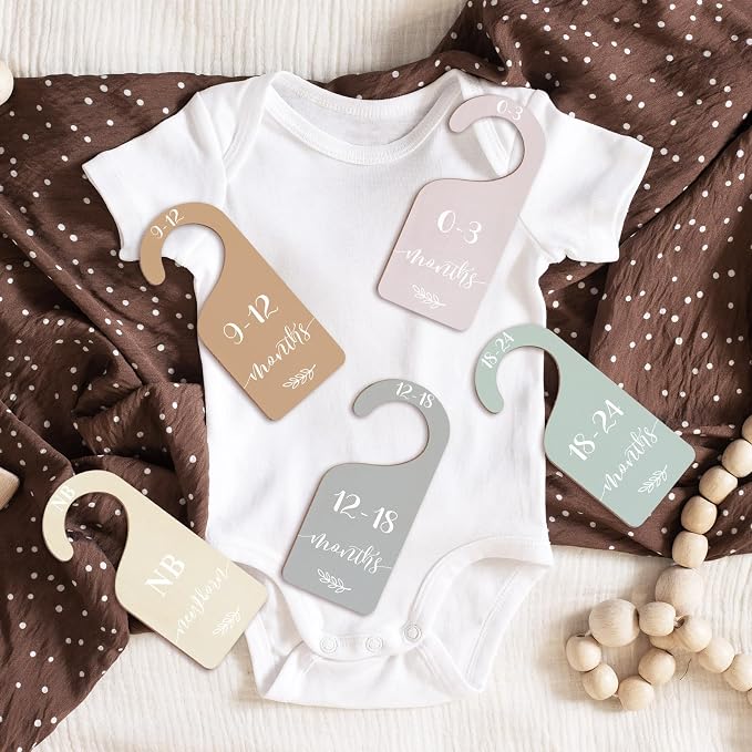 Whaline 7 Pcs Terrazzo Wood Baby Closet Size Dividers with White Velvet Bag Newborn to 24 Month Thicken Infant Wardrobe Hanger Organizers for Home Nursery Party Supplies