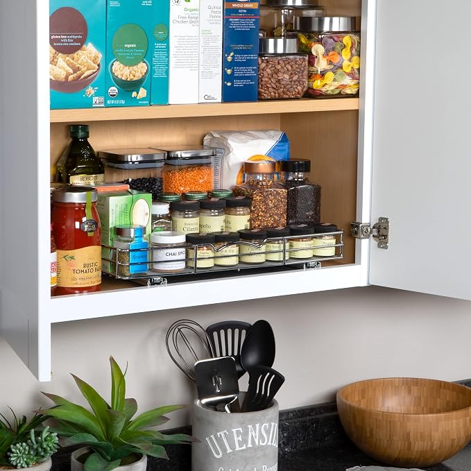 Pull-Out Cabinet Spice Rack Organizer, 18 ⅜"W x 10 ½"D x 2 ¾"H | Slim Slide-Out Storage for Spices, Bottles & Jars, Premium Heavy-Duty Steel, Easy Install for Narrow Kitchen Cabinets, Chrome