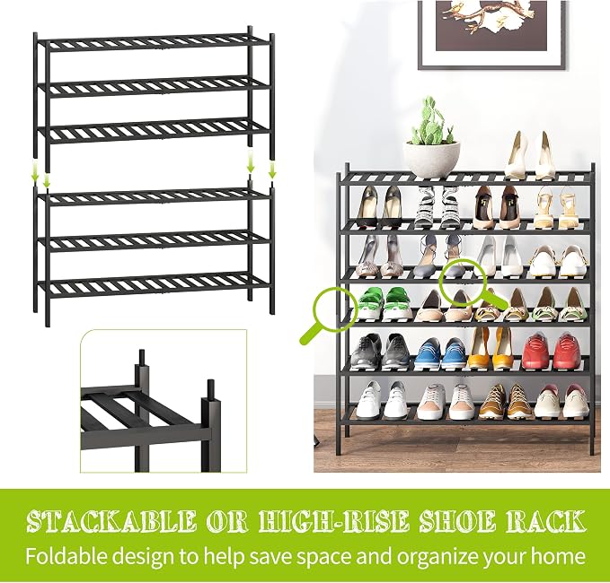 BMOSU 6-Tier Bamboo Extended Shoe Rack Premium Stackable Shoe Shelf Storage Organizer for Hallway Closet Living Room Entryway Organizer (Black Bamboo)