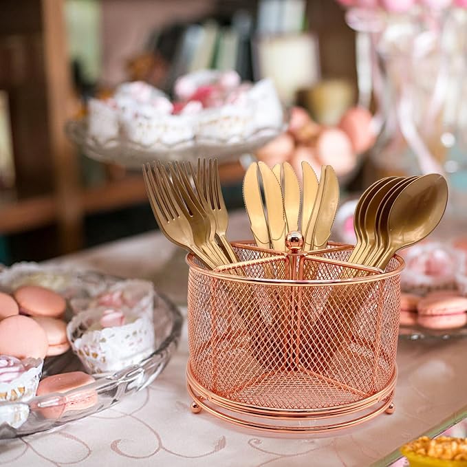 DysanVica 360 Rotating Metal Utensil Caddy - 4 Compartment Silverware Cutlery Holder Fork Spoon Napkin Organizer Flatware Storage Basket Party Countertop Buffet Picnic Camping Outdoor Rose Gold Pink