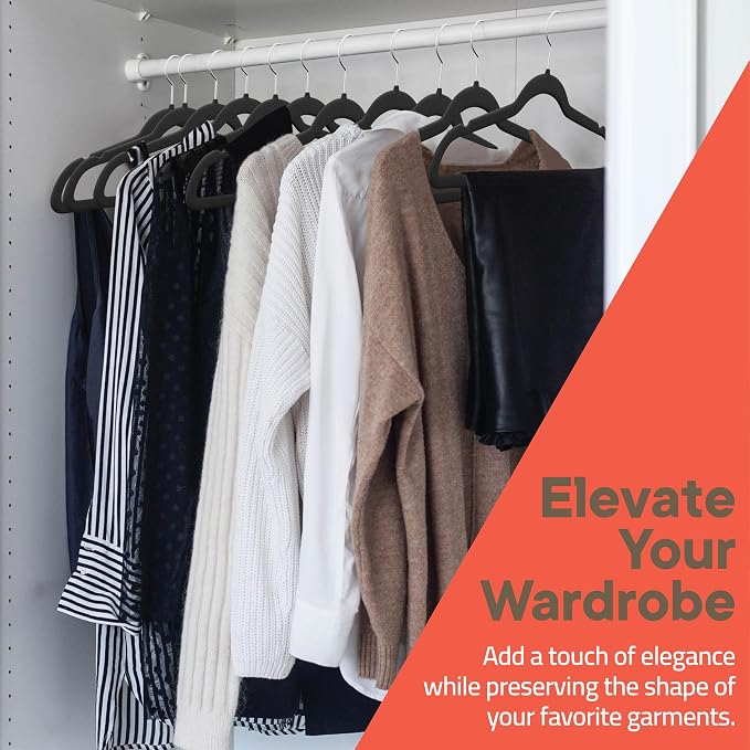 Black Velvet Hangers 10 Pack – 360° Swivel Hook, Non-Slip and Space Saving Hangers, Heavy-Duty 11 lbs Weight Capacity - Smooth Velvet Finish for Crease-Free Clothes and Effortless Closet Organization