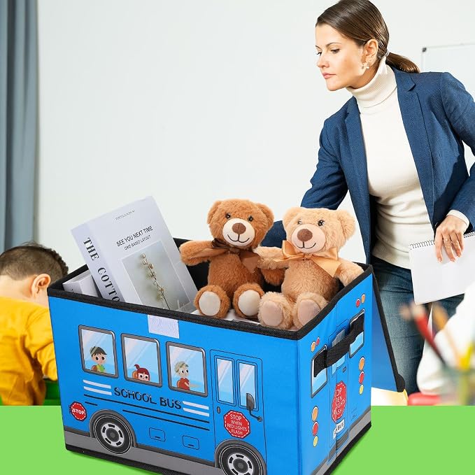 Sweetude 2 Pcs School Bus Treasure Box for Classroom, Foldable Chest Storage Toy Box Chest with Lid Treasure Storage Organizer Bin for Kids Teachers Toy Prizes Awards for Students(Yellow, Blue)