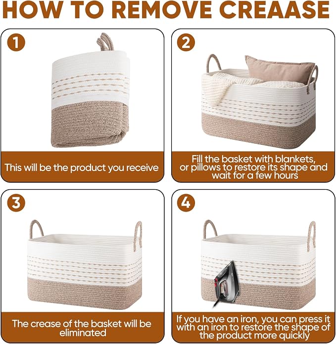OIASKET 75L Large Cotton Rope Storage Basket, Soft Decorative Blanket Basket for Living Room & Bedroom, Boho Laundry Hamper with Handles Capable of Holding Pillows, Clothes and Toys-Brown & White