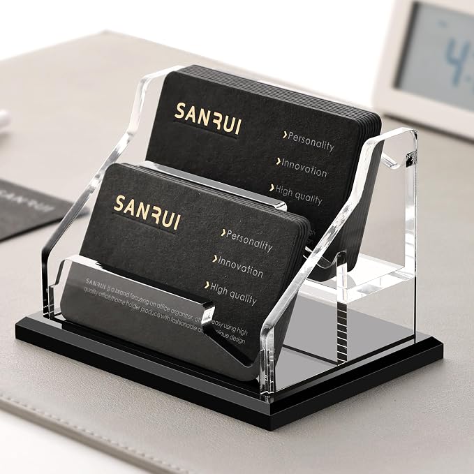SANRUI Black Business Card Holder for Desk 2 Slot , Clear Acrylic Horizontal Name Card Stand for Women and Men, Desktop Organizer Display for Office Home Exhibition - 120 Card Capacity 1 Pack