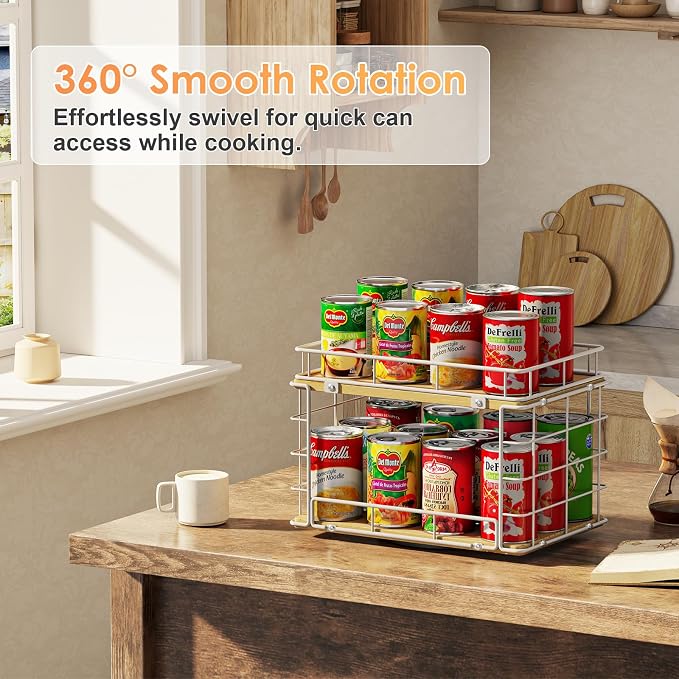 360° Lazy Susan Can Organizer, 2-Tier Rotating Metal Wire Wood Can Rack Holder, Kitchen Pantry Cabinet Countertop Turntable Storage Shelf, Hold 26 Soda Cans Food Beverage Cans Organizer, White