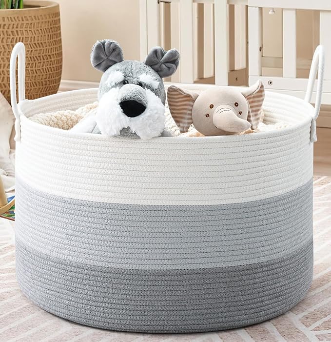 67L Large Woven Blanket Basket, Cotton Rope Baby Laundry Hamper with Handles, Kids Toy Basket for Classroom & Nursery, Soft Round Stuffed Animal Storage, Dog Toy Bin - 20"x13", Gray