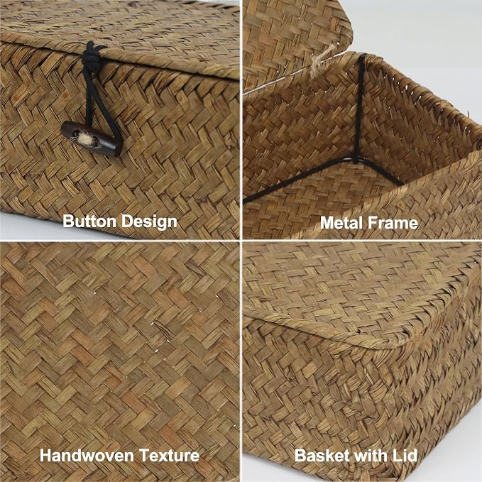 Wicker Basket with Lid, Natural Seagrass Storage Baskets for Organizing, Woven Basket for Storage, Decorative Boxes Bins with Lids Home Organizer Decor (Black, 9.05" x 5.11" x 3.34")