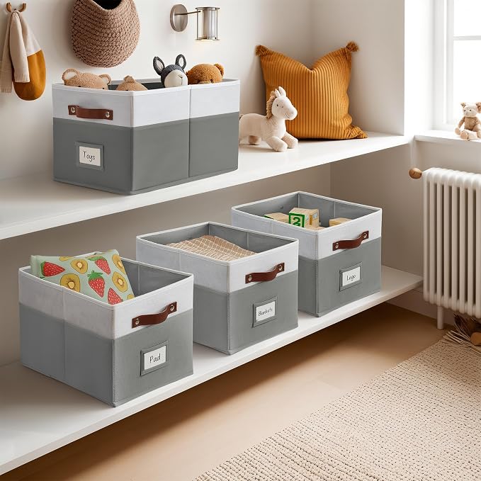 DECOMOMO Storage Bins, Storage Baskets for Shelves (Grey & White) | 4 Pack Fabric Storage Bins, 15" x 11" x 9.9" Foldable Storage Bins with Labels