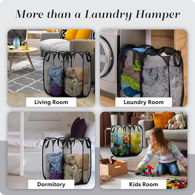 Double Laundry Hamper, Pop Up Mesh 2 Section - Handy Laundry Collapsible Divided Hamper, Large 44 Gallon Foldable Basket with Reinforced Handles for College Dorm, Travel, Home, Black