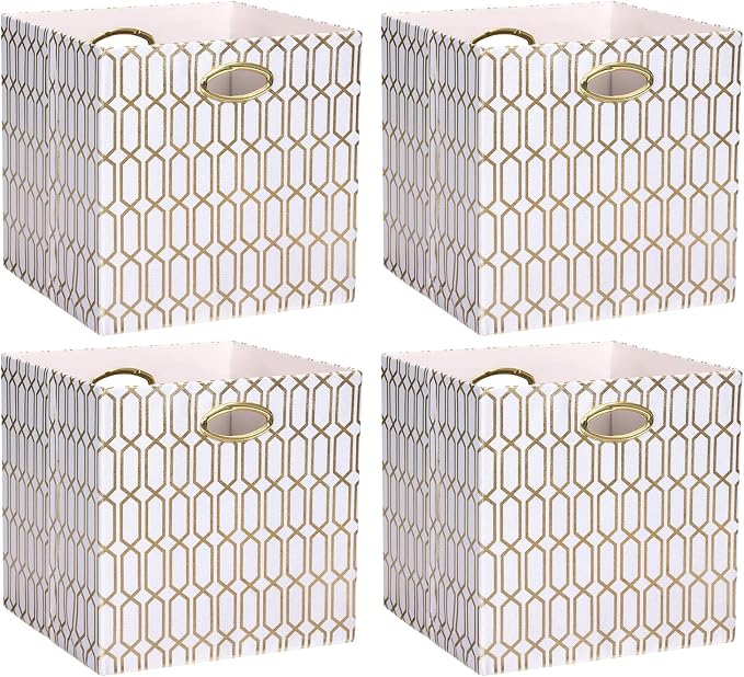 11x11 Cube Storage Bins, Collapsible Storage Bins Fabric Storage Cubes Organizer Baskets Box Drawers for Shelves, Closet, Wardrobe, Bookshelf, Cabinet, 4 Pack, White/Shiny Gold
