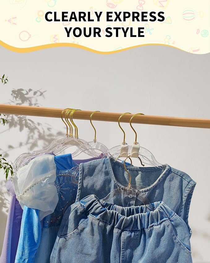 50pcs Slim Clear Toddler Hangers with 10 Connector Hooks for Kid's Closet | Swivel Golden Sparkling Baby Clothes Hangers with Gold Glitter for Infant Coat Outfit, Perchas for Children Boy Gril Nursery