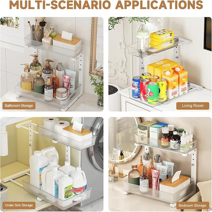ETOYA 2 Pack Under Sink Organizer Kitchen, 2-Tier Pull Out Cabinet Organizer, L-Shaped Adjustable Height, Acrylic Under Sink Storage Shelf for Kitchen, Bathroom Vanity & Utility Closet