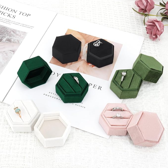 DesignSter Velvet Jewelry Ring Box,2 Slots Jewelry Ring Gift Box Vintage Ring Display Holder with Detachable Lid for Proposal, Engagement, Wedding, Ceremony(Dark grass green)