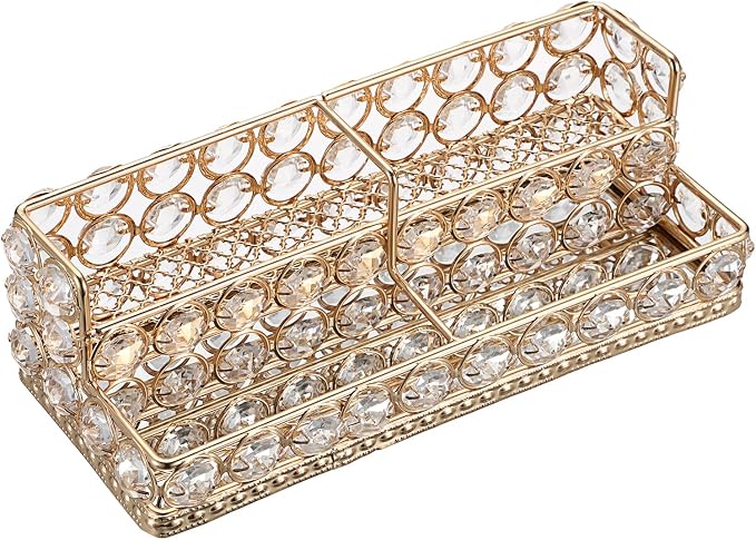 Hipiwe 2 Tiers Business Card Holder Gold Business Card Display Stand with 4 Slots Crystal Name Card Organizer for Office Exhibition Business