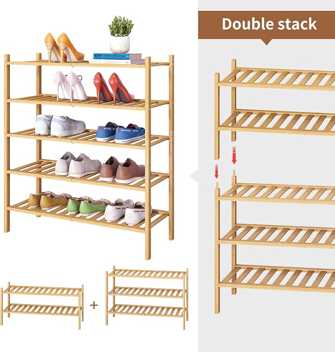 Bamboo Shoe Rack Stackable Storage Organizer for Unit Entryway Hallway and Closet Sturdy Freestanding Shoe Shelf(5 Tier Natural)