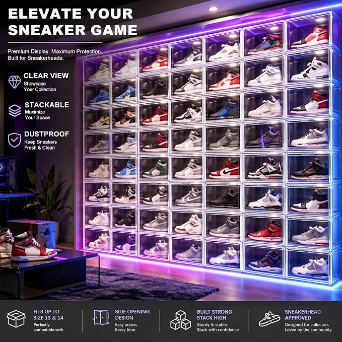 Large Clear Acrylic Sneaker Boxes Fits Size 13, Wide Magnetic Door, 12 Pack | Exterior 14.1 x 10.6 x 8.9 in; wide magnetic door for sneakers, high tops, men’s shoes and display storage