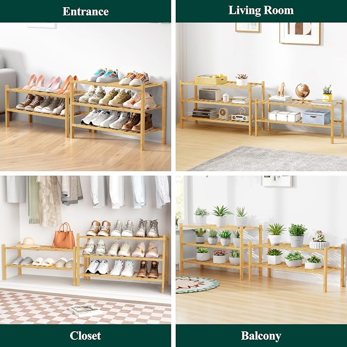Smiry Bamboo Shoe Rack for Closet, 4 Tier Wooden Shoe Organizer, Stackable Wood Shoe Storage Shelf for Entryway, 14 Vertical Slats, 2+2 Stack Heavy-Duty Legs, 26.77"x11.02"x25.98", Natural