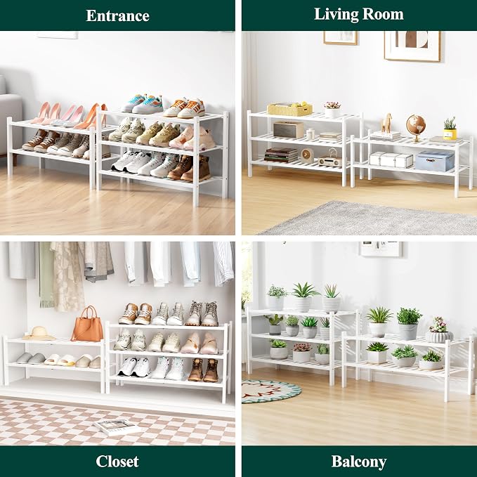 Smiry Bamboo Shoe Rack for Closet, 5 Tier Wooden Shoe Organizer, Stackable Wood Shoe Storage Shelf for Entryway, 14 Vertical Slats, 2+3 Stack Heavy-Duty Legs, 26.77"x11.02"x31.3", White