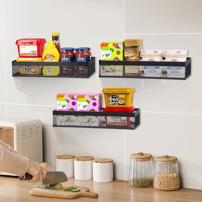 Hanging Wall Mount Storage Baskets with Adhesive Hooks & Screwing, Metal Wire Organizer Baskets for Home Decor, Kitchen, Bathroom, Pantry, Laundry, Closet, Garage, RV Black 2 Packs (Netting)
