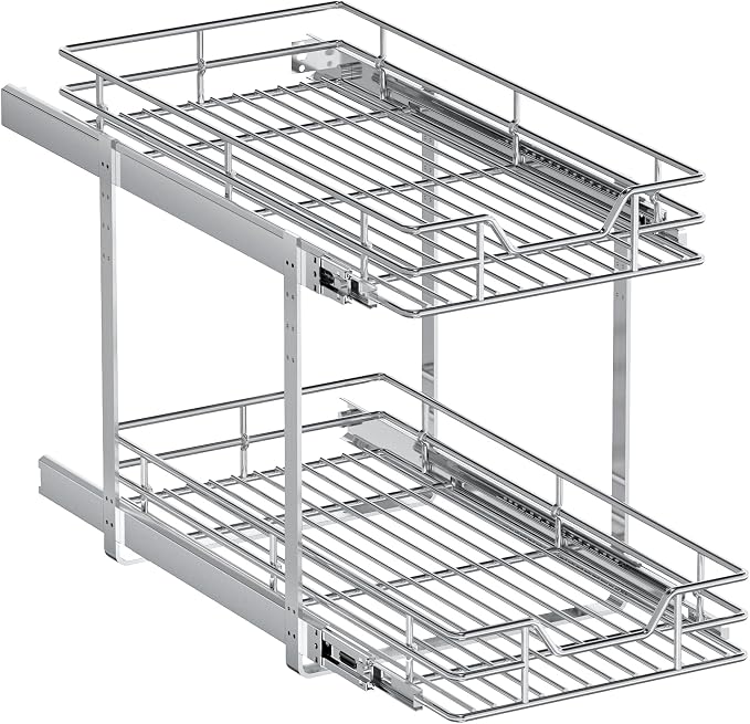 2-Tier Pull Out Cabinet Organizer, 11.5" W x 21.5" D, Heavy Duty Dual Slide Out Shelves for Narrow Base Cabinets, Chrome Wire Basket Drawer for Spices, Bottles & Snacks